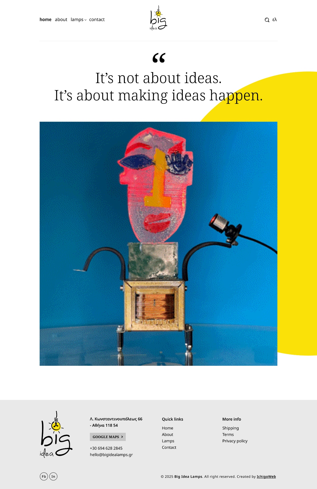 Detailed mockup of the Big Idea Lamps homepage, featuring color palette, typography, and integrated logo design.