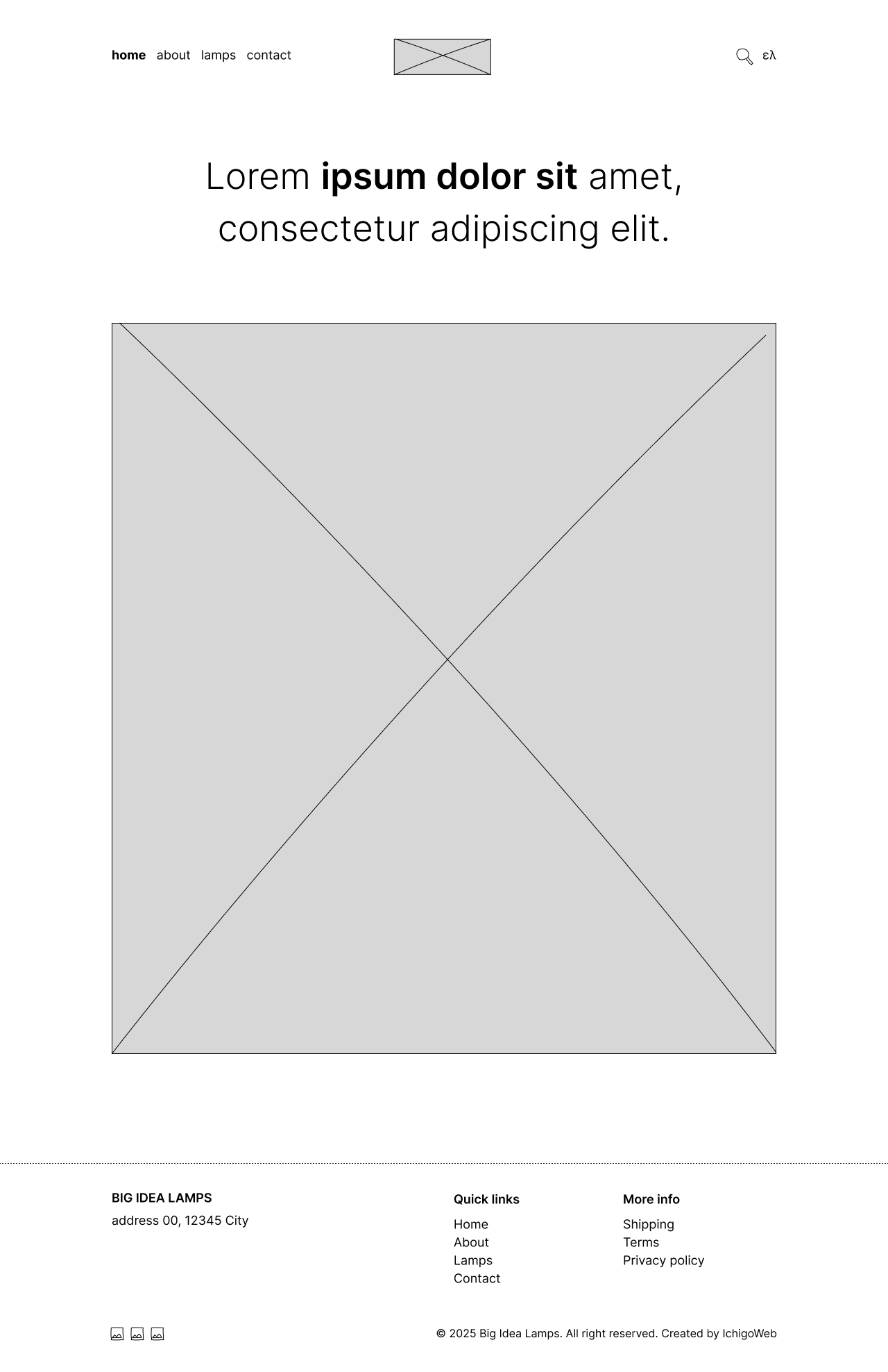 Wireframe design of the Big Idea Lamps website homepage, showing layout structure with logo, menu, hero, and footer.