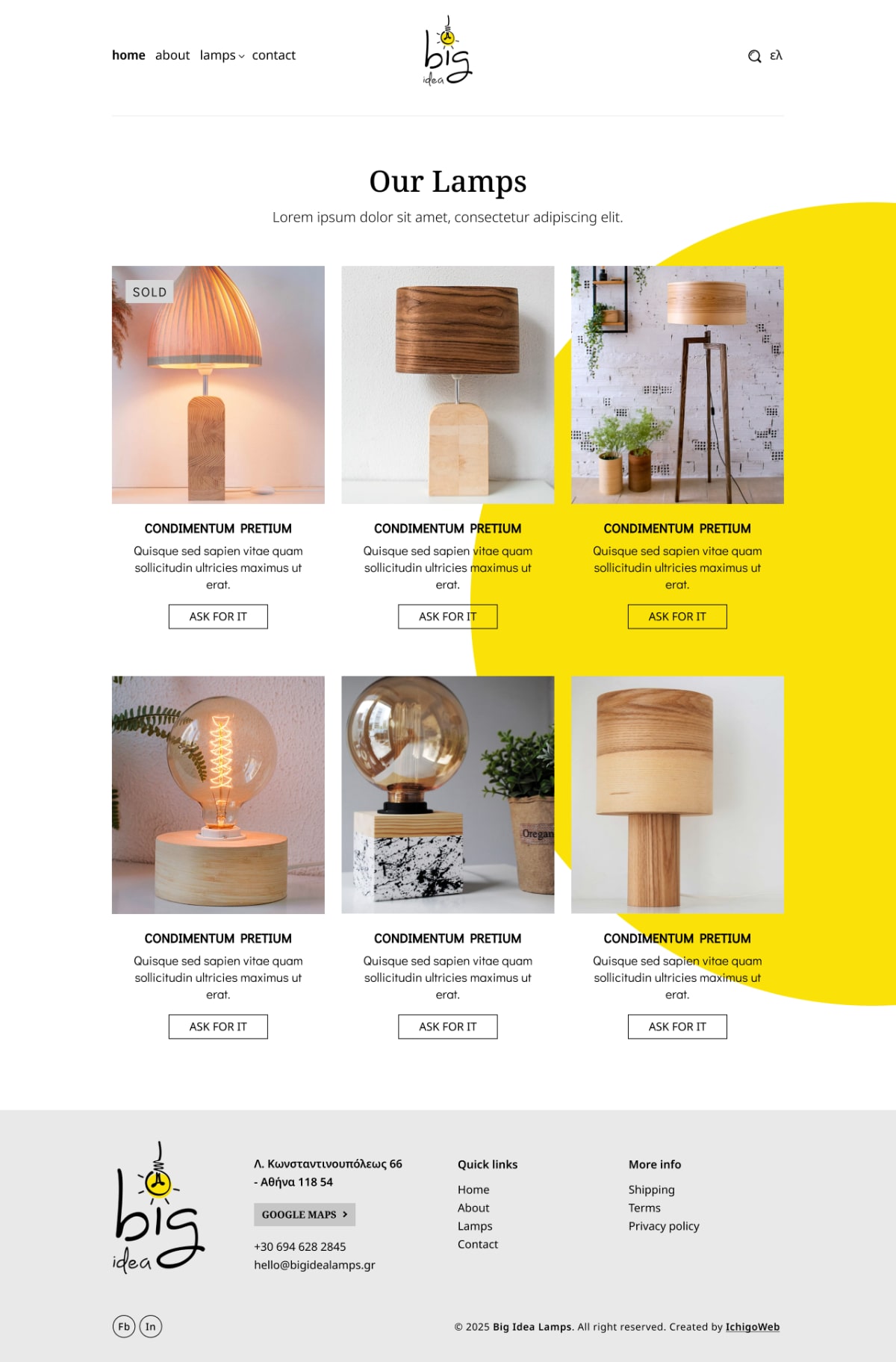 Detailed mockup of the Big Idea Lamps products page showing product grid, color palette, typography, and integrated logo.