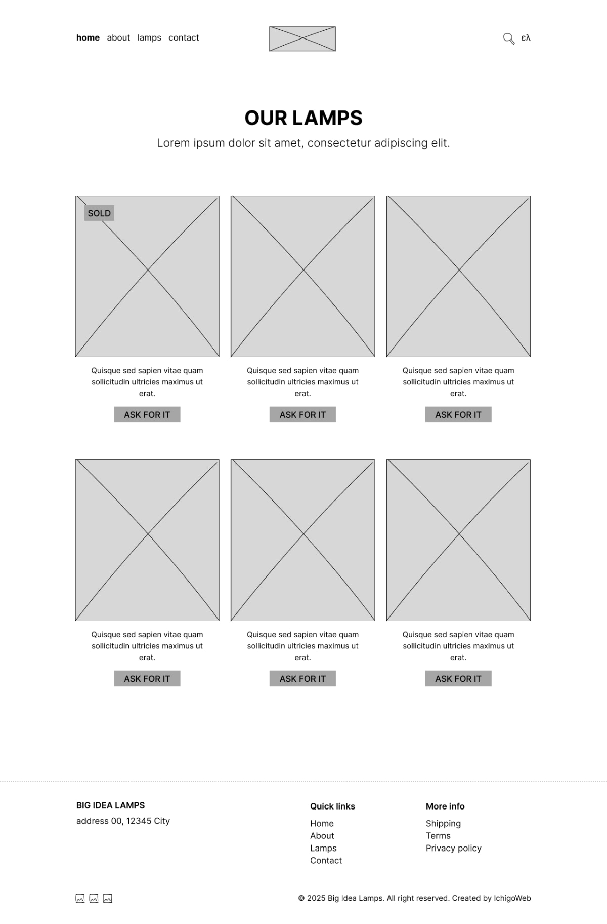 Wireframe of the Big Idea Lamps products gallery page, showing logo, menu, gallery grid, and footer layout.