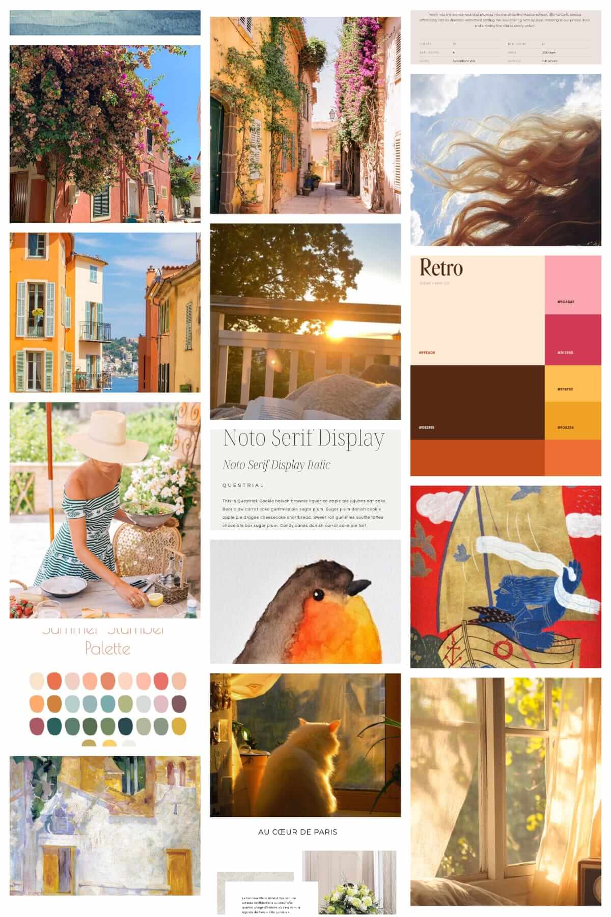 Moodboard detail for Litsa Apartments website, showing colors, artwork, and Ionian Island-inspired scenes capturing evening light, trees, and natural textures, by Ichigo Web Studio.