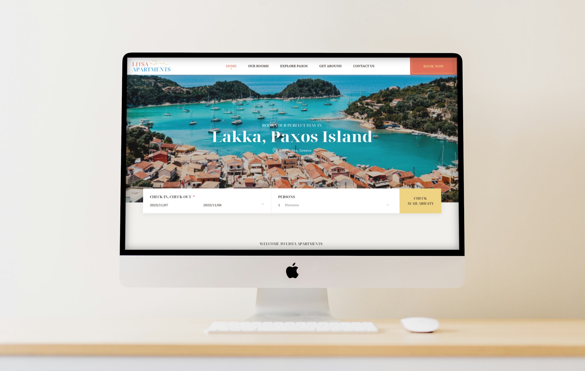 Litsa Apartments website homepage displayed on an iMac screen, by Ichigo Web Studio.